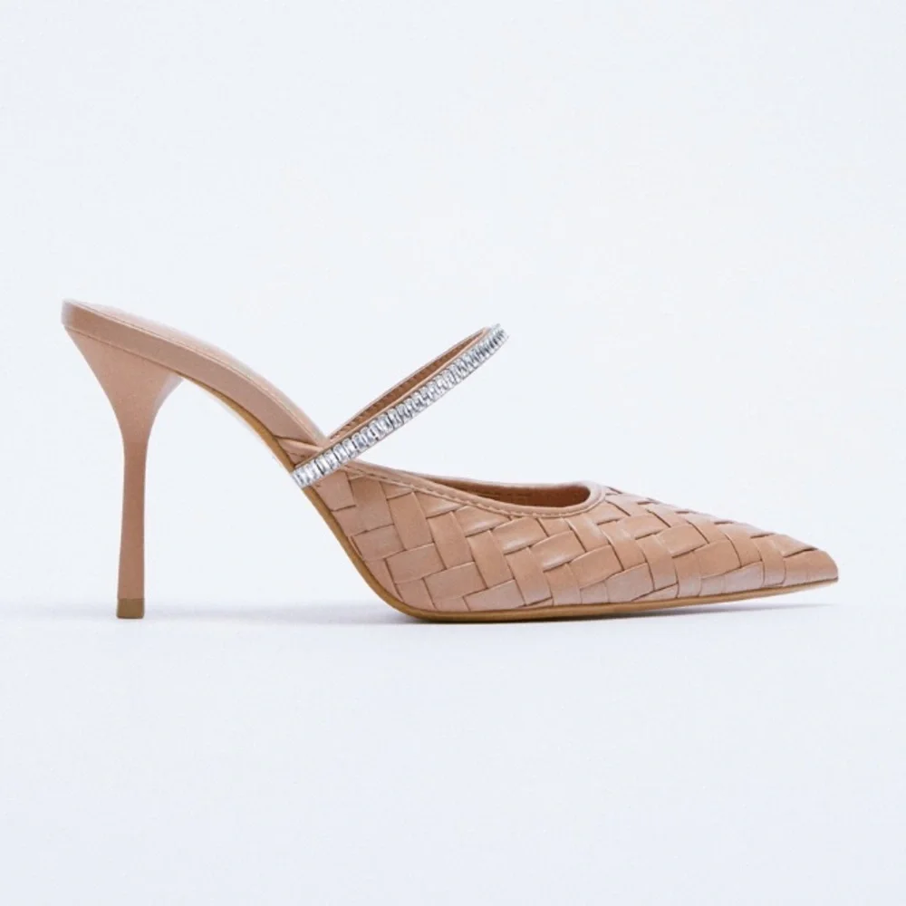 Zara Beige Sparkly Pointed Toe Woven Heels Size 8/39 - Picture 2 of 5